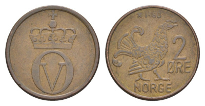 Норвегия 2 эре 1960 Улаф V (1957-1991) KM 410 бронза 4635-335