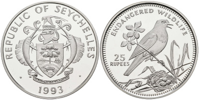 Сейшельские острова 25 рупий 1993 серия защита окружающей среды, сокол Kestrel, тираж 20000 экз. KM 78 серебро PROOF 1095-10-44