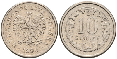 Польша 10 грошей 1998 MW KM 279, Parchimowicz 704e медно-никель 4580-634