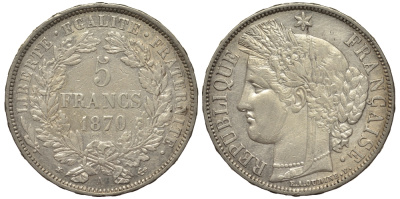 Франция 5 франков 1870 A, свобода KM 756.1 серебро 00-821-68