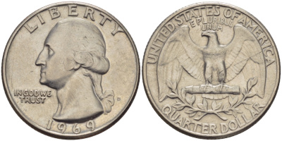 США 25 центов (квотер) 1969 Вашингтон KM 164а медь плакированная медно-никелем 67-746