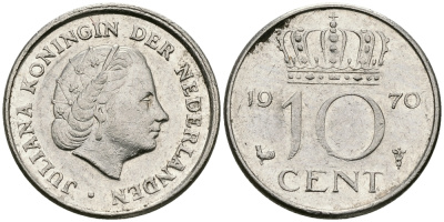 Нидерланды 10 центов 1970 Юлиана (1948-1980) KM 182 никель 96-442