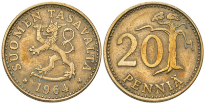 Финляндия 20 пенни 1964 S KM 47 алюминиевая бронза 4589-547