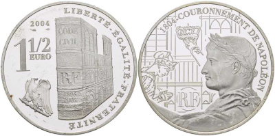 Франция 1 1/2 евро 2004 200 лет со дня коронации Наполеона Бонапарта KM 1366 серебро PROOF 1076-5-51