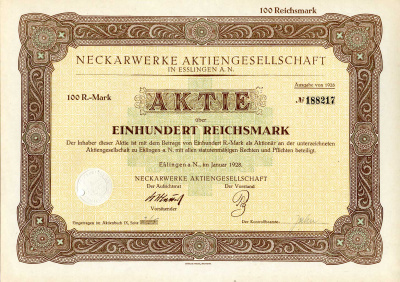 Германия 100 рейхсмарок 1928 АО Неккарверке в Эсслингене, акция   бумага 8801-75-1