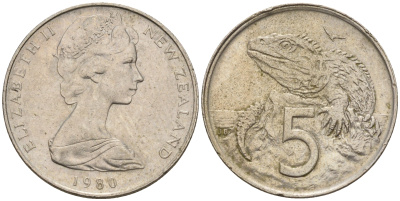 Новая Зеландия 5 центов 1980 ящерица гаттерия, Елизавета II (1952-) KM 34.1 медно-никель    4602-664