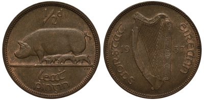 ИРЛАНДИЯ 1/2 ПЕННИ 1937 СВИНЬЯ С ПОРОСЯТАМИ KM 2 бронза aUNC 1525-913