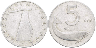ИТАЛИЯ 5 ЛИР 1955 R, ДЕЛЬФИН, ПЛУГ KM 92 алюминий 4523-637
