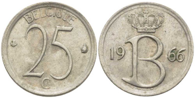 БЕЛЬГИЯ 25 САНТИМОВ 1966 BELGIQUE, БОДУЭН I (1951-1993) KM 153.1 медно-никель 116-952