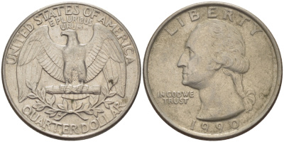 США 25 центов = квотер 1990 D, Вашингтон KM А164а медь плакированная медно-никелем 31-754
