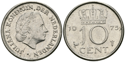 НИДЕРЛАНДЫ 10 ЦЕНТОВ 1975 ЮЛИАНА KM 182 никель 96-469