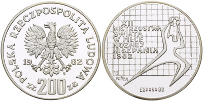 Польша 200 злотых 1982 MW, XII чемпионат мира по футболу в Испании 1982 года, PROBA, тираж 6000 экземпляров, игрок вправо, Parchimowicz P440a серебро PROOF 1085-1-63