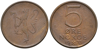 Норвегия 5 эре 1973 Улаф V (1958-1991) ​KM 415 бронза 4608-343