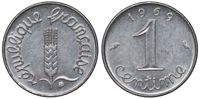 Франция 1 сантим 1969 пятая республика KM 928, Le Franc 106.18 нержавеющая сталь 4124-424