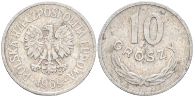 ПОЛЬША 10 ГРОШЕЙ 1969 MW KM АА47 алюминий 4516-1269
