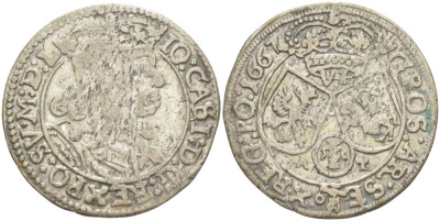 Польша 6 грошей (шостак) 1667 A-T, Ян II Казимир (1648-1668), вес 3,24 гр., легенда (IO CASI) KM 121, Kopinski 136.9a серебро 1517-923