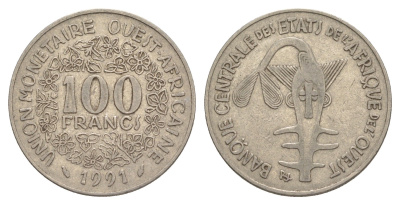 Западная Африка (BCEAO) 100 франков 1991 Центральный банк государств Западной Африки KM 4 никель 4642-336