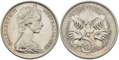 АВСТРАЛИЯ 5 ЦЕНТОВ 1983 ЕЛИЗАВЕТА II, МОЛОДОЙ ПОРТРЕТ, ЕХИДНА KM 64 медно-никель 39-1258