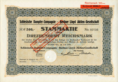 Германия 300 рейхсмарок 1928 Силезская пароходная компания, АО Берлинского Ллойда, акция   бумага   8801-21-1