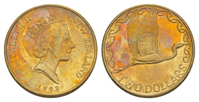 Новая Зеландия 2 доллара 1998 Елизавета II (1952-2022), большая белая цапля KM 79 алюминиевая бронза 4652-714