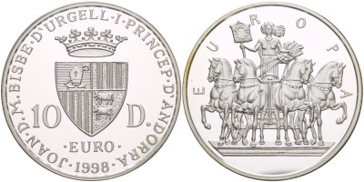 Андорра 10 динеров 1998 Финикийская принцесса Европа, на квадриге KM 151 серебро PROOF 1088-9-41