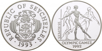 Сейшельские острова 25 рупий 1993 XXV летние олимпийские игры 1992 года в Барселоне, гиманстика, тираж 40000 экз. KM 70 серебро PROOF 04-174-14