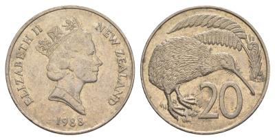 Новая Зеландия 20 центов 1988 Елизавета II (1952-2022), птичка киви KM 62 медно-никель 4187-812