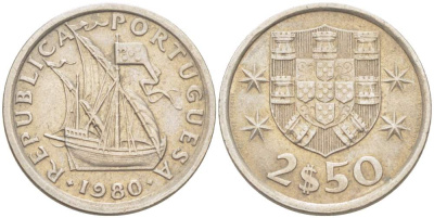 Португалия 2,5 эскудо 1980 парусник KM 590 медно-никель 4523-1112