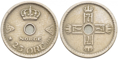 НОРВЕГИЯ 25 ЭРЕ 1924 ХОКОН VII (1905-1957) KM 384 медно-никель 4547-1043