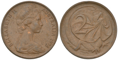 Австралия 2 цента 1974 Елизавета II (1952-2022), плащеносная ящерица (FRILLED LIZARD) KM 63 бронза 4641-457