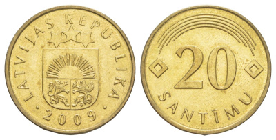 Латвия 20 сантимов 2009 KM 22.1 никель латунь aUNC 4627-1245