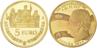Испания 5 евро 2013 75 лет со дня рождения Хуана Карлоса I, тираж 7000 экземпляров, в оригинальной упаковке, с сертификатом KM 1282 серебро плакированное золотом PROOF 5-6-4-12