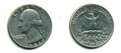 США 25 центов = квотер 1982 D, Вашингтон KM A164a медь плакированная медно-никелем 59-1935