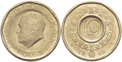 Норвегия 10 крон 1986 Улаф V (1957-1991) KM 427 медь цинк никель 4448-454