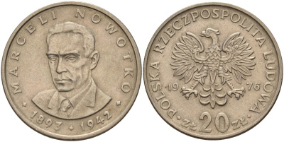 Польша 20 злотых 1976 MW, Марцелий Новотко KM 69, Parchimowicz 246c медно-никель 4140-443