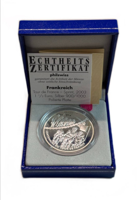 Франция 1 1/2 евро 2003 100 лет велогонкам Тур де Франс, группы велосипедистов, в оригинальной коробке, сертификат KM 1324 серебро  PROOF  1-6-4-60