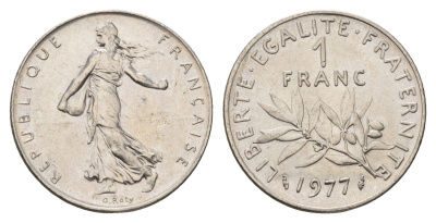 Франция 1 франк 1977 сеятель KM 925 никель 4673-1143