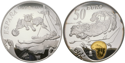 Испания 50 евро 2004 Сальвадор Дали, "За секунду до пробуждения", "Мягкий автопортрет с жареным беконом", позолота, коробка, сертификат КМ 1057 серебро  PROOF  6-5-1-20