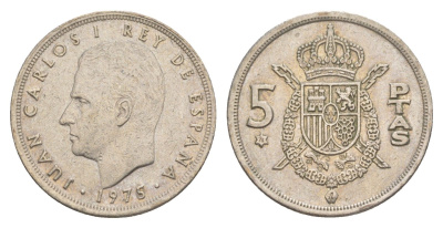 Испания 5 песет 1975 (76) M, Хуан Карлос I (1975-2014) KM 807 медно-никель 4619-1232