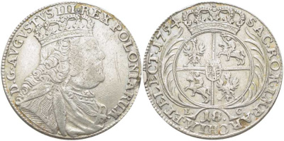 ПОЛЬША 18 ГРОШЕЙ = ТЫМФ 1754 ЕС, АВГУСТ III (1733-1763) KM 148.2 (С10.1) серебро 5010-1034