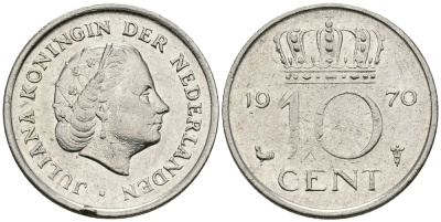 Нидерланды 10 центов 1970 Юлиана (1948-1980) KM 182 никель 96-357