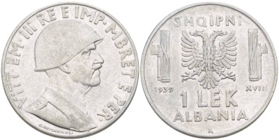 Албания 1 лек 1939 R, год XVIII, Итальянская оккупация, вторая мировая KM 31 нержавеющая сталь 4179-215