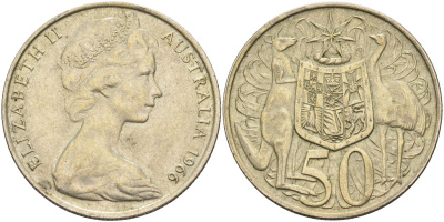 Австралия 50 центов 1966 Елизавета II (1952-2022), герб Австралии, кенгуру KM 67 серебро 4131-643