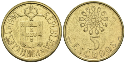Португалия 5 эскудо 1990 KM 632 никель латунь 4148-454