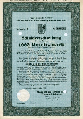 Германия 1000 рейхсмарок 1930 Земля Мекленбург-Стрелиц 7% долговых обязательств, облигация   бумага   8801-110-1