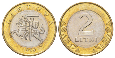 Литва 2 лита 1999 KM 112 биметалл UNC 4624-717