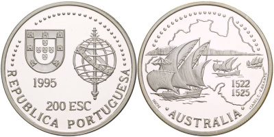 Португалия 200 эскудо 1995 400 лет открытия португальцами Австралии (1522-1525) KM 684a серебро PROOF 1081-6-54