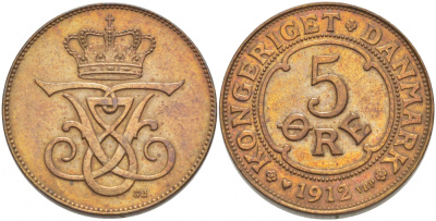 Дания 5 эре 1912 KM 806 бронза aUNC 272-1043