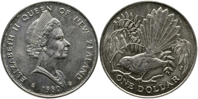 Новая Зеландия 1 доллар 1980 веерохвостка на ветке, Елизавета II (1952-2022) KM 49 медно-никель UNC 4527-915