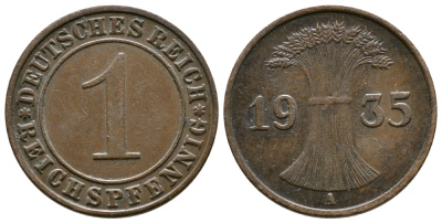 Германия 1 рейхспфенниг 1935 A KM 37, J. 313 бронза 4380-1269
